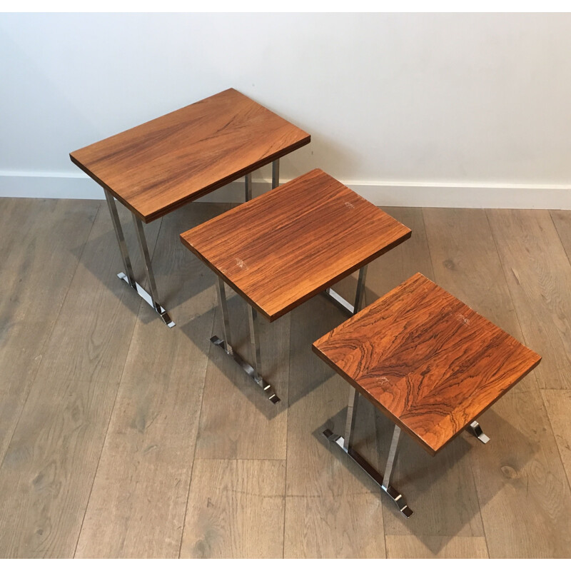 Set of 3 vintage nesting tables in exotic wood and chrome, France 1970