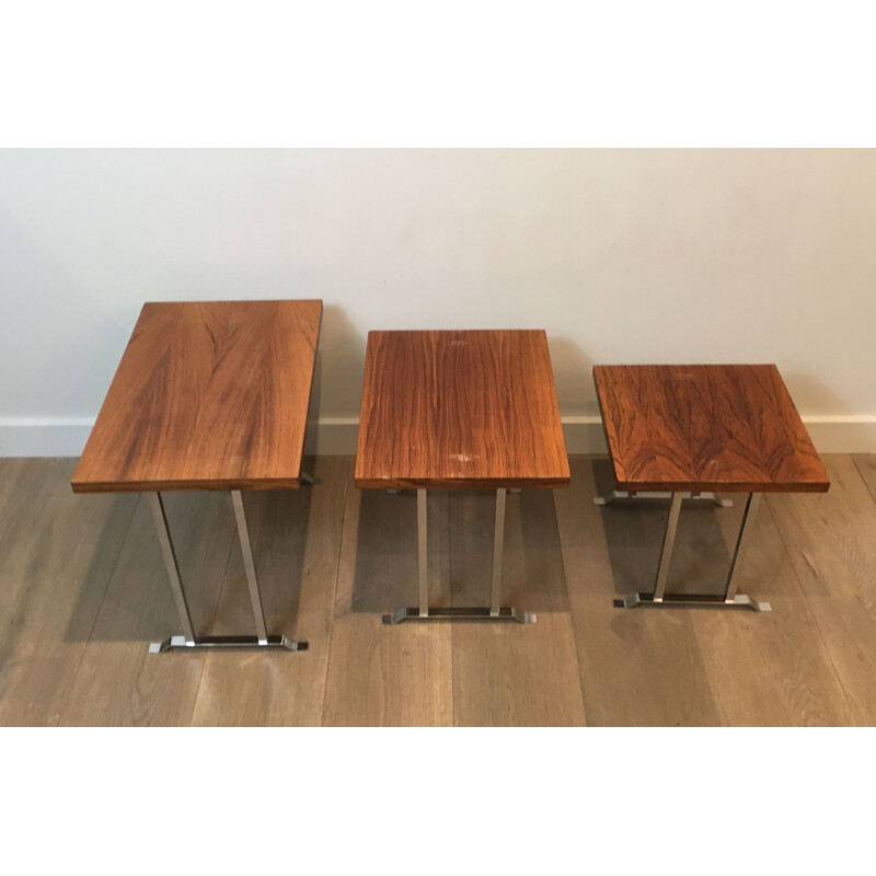 Set of 3 vintage nesting tables in exotic wood and chrome, France 1970