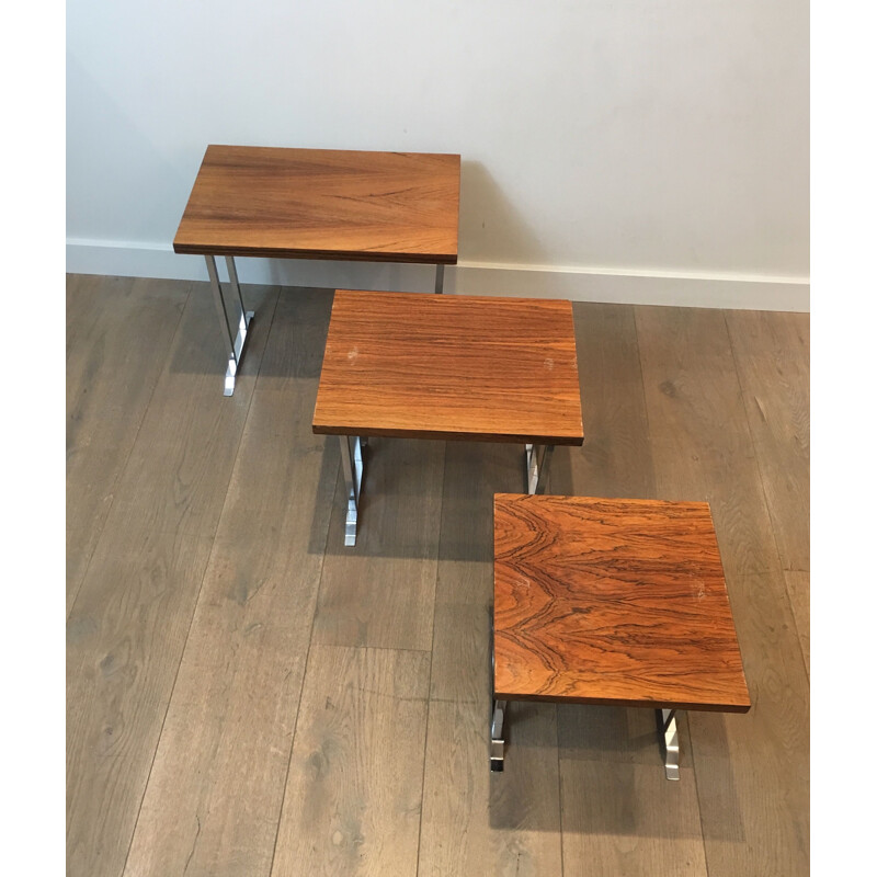 Set of 3 vintage nesting tables in exotic wood and chrome, France 1970