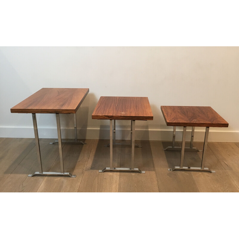 Set of 3 vintage nesting tables in exotic wood and chrome, France 1970