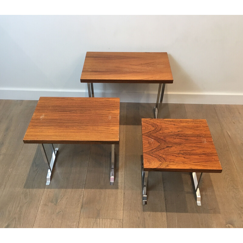 Set of 3 vintage nesting tables in exotic wood and chrome, France 1970