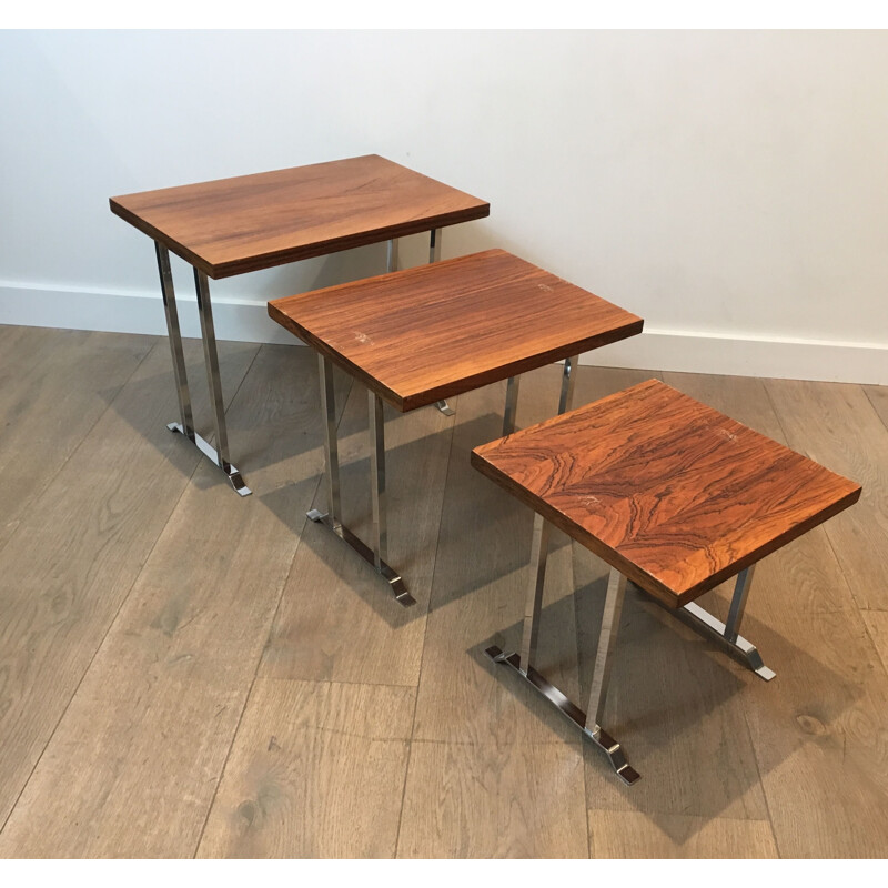 Set of 3 vintage nesting tables in exotic wood and chrome, France 1970