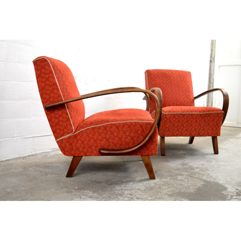 Pair of mid-century red easy chairs, Jindrich HALABALA - 1950s