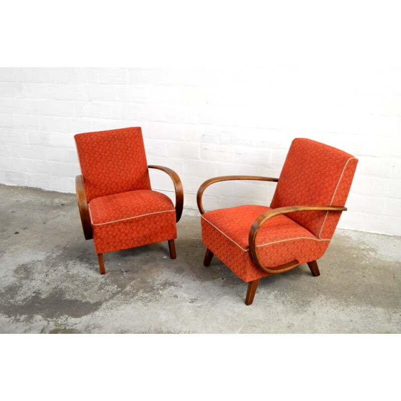 Pair of mid-century red easy chairs, Jindrich HALABALA - 1950s