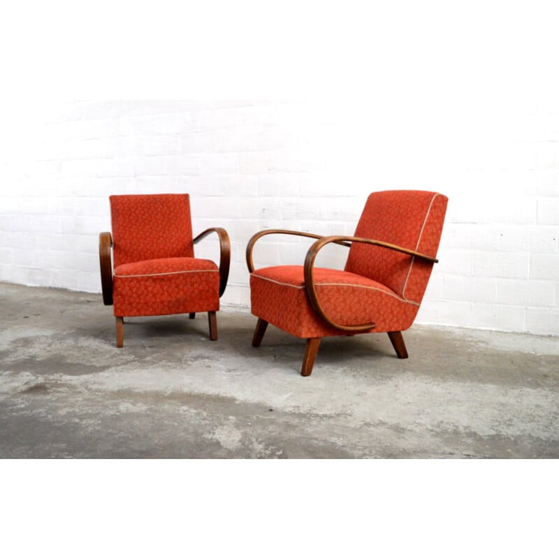 Pair of mid-century red easy chairs, Jindrich HALABALA - 1950s