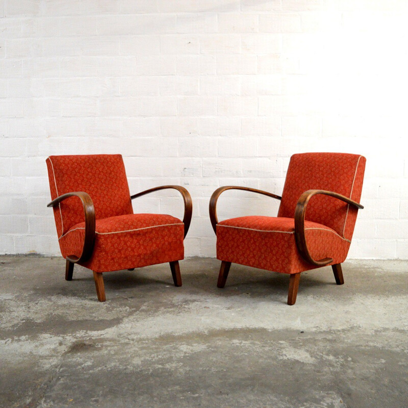 Pair of mid-century red easy chairs, Jindrich HALABALA - 1950s