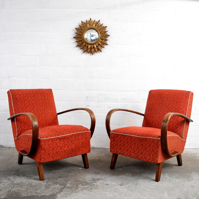 Pair of mid-century red easy chairs, Jindrich HALABALA - 1950s