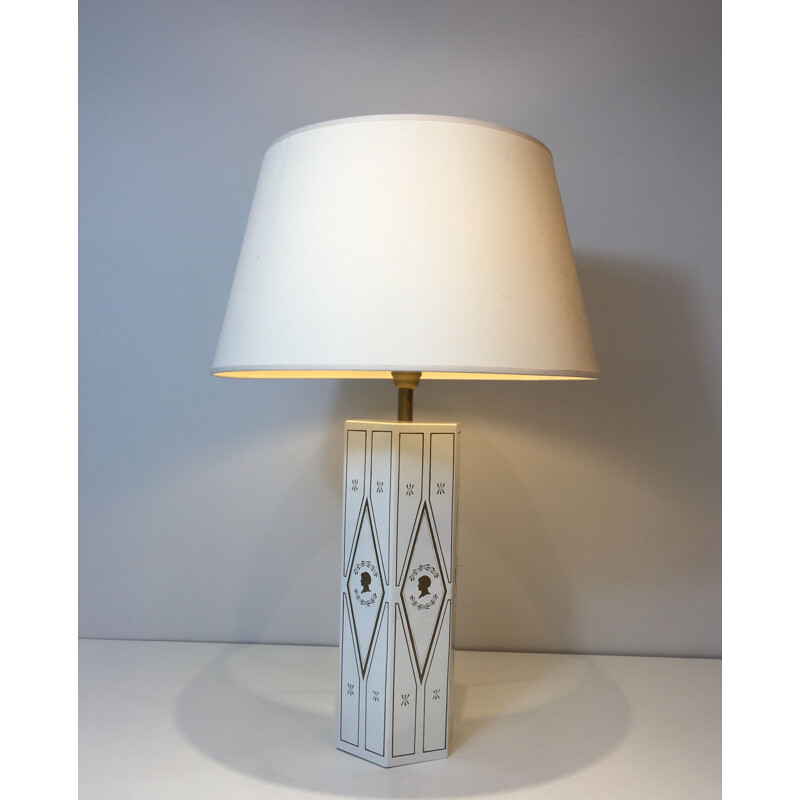 Vintage neoclassical lamp in white lacquered sheet metal, France 1970