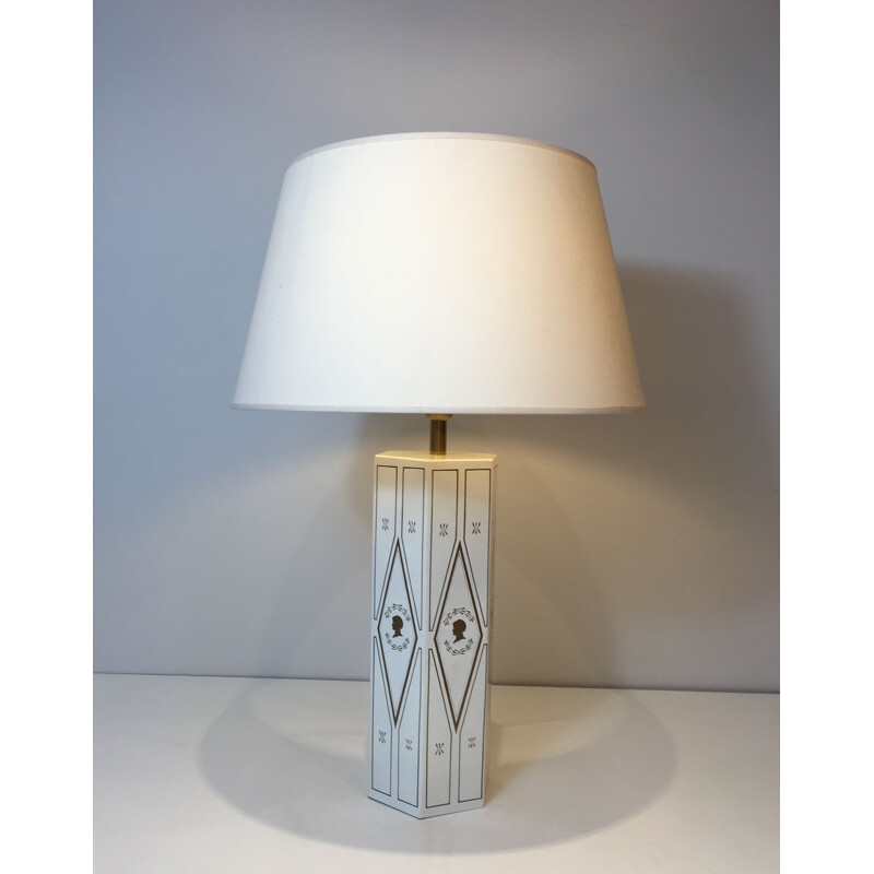 Vintage neoclassical lamp in white lacquered sheet metal, France 1970