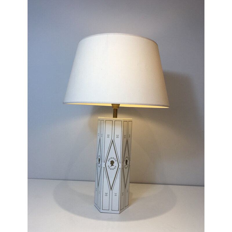 Vintage neoclassical lamp in white lacquered sheet metal, France 1970