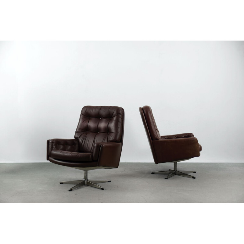 Mid-Century Brown Leather Swivel Armchair by Farstrup Møbler Danish 1960s