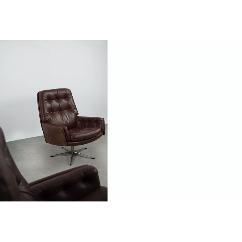 Mid-Century Brown Leather Swivel Armchair by Farstrup Møbler Danish 1960s