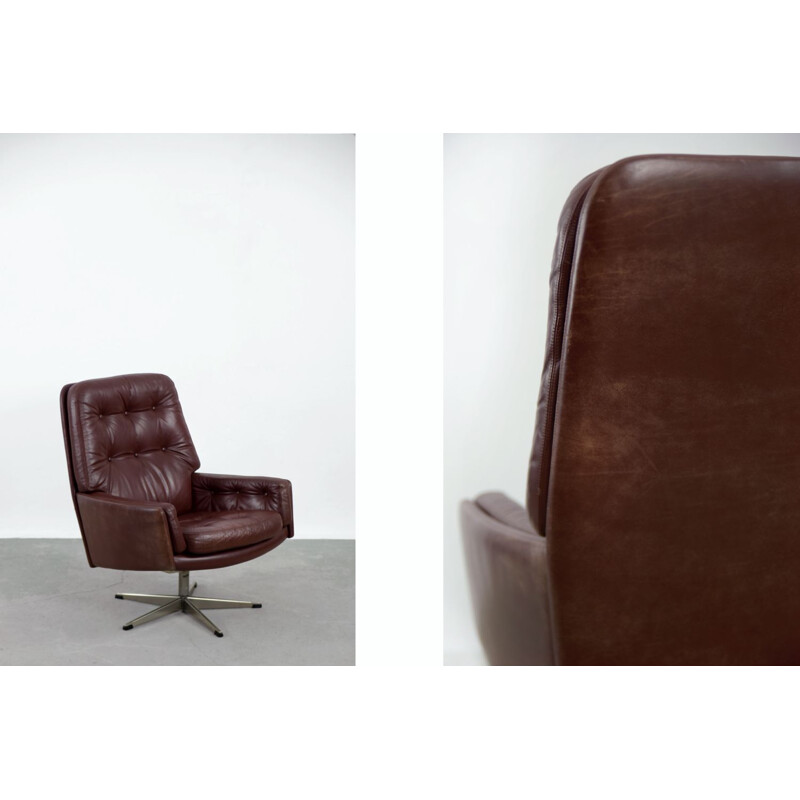 Mid-Century Brown Leather Swivel Armchair by Farstrup Møbler Danish 1960s