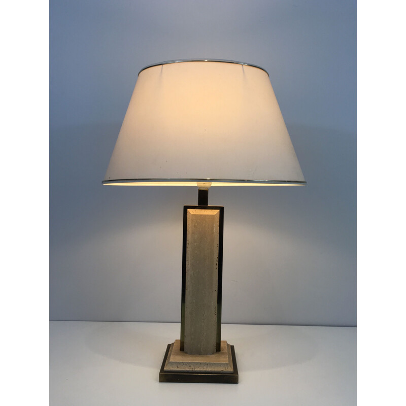 Vintage lamp in travertine and golden chrome, France 1970