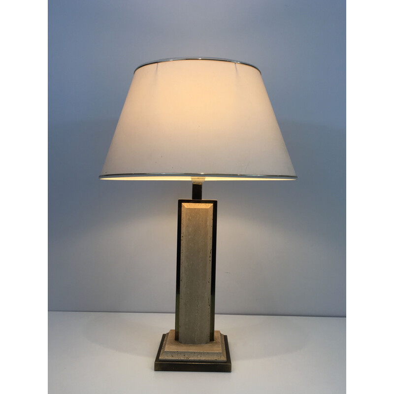 Vintage-Lampe aus Travertin und vergoldetem Chrom, Frankreich 1970
