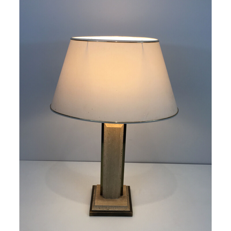 Lampe vintage en travertin et chrome doré, France 1970