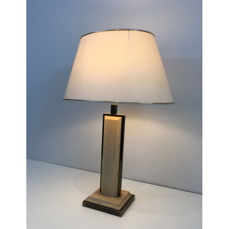 Vintage lamp in travertine and golden chrome, France 1970