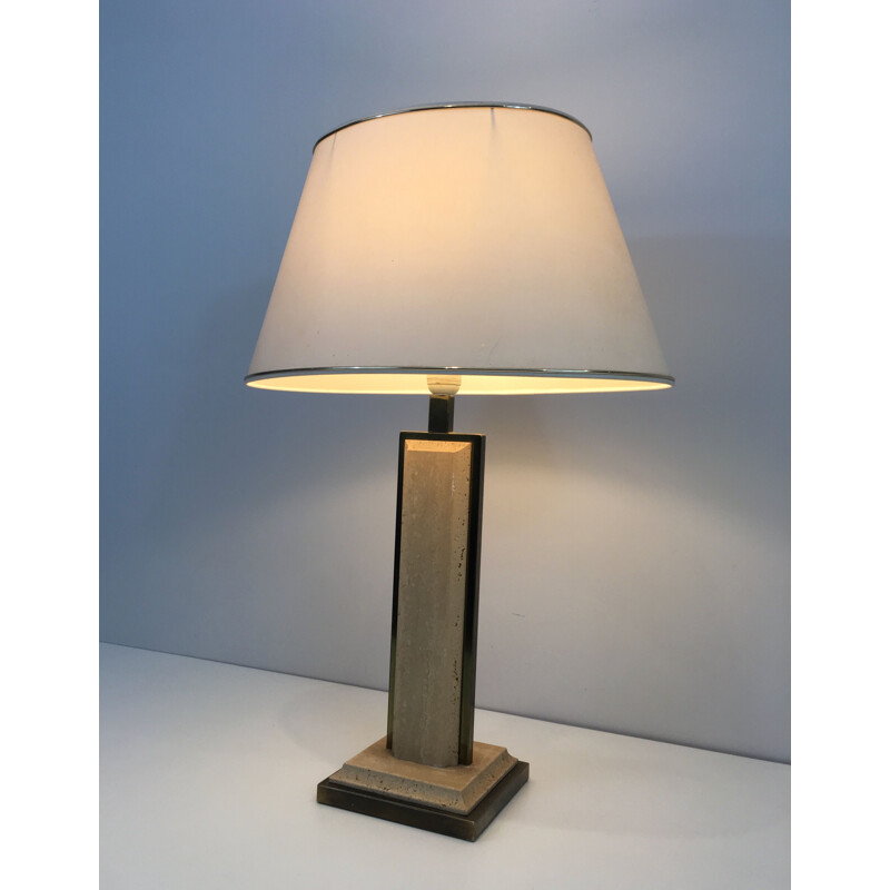 Vintage lamp in travertine and golden chrome, France 1970