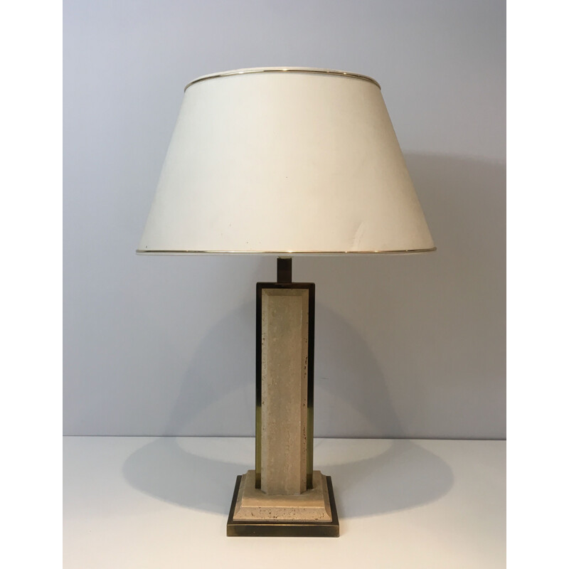 Vintage lamp in travertine and golden chrome, France 1970