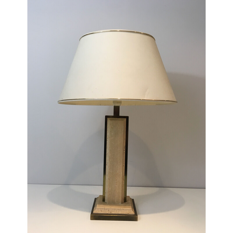 Vintage lamp in travertine and golden chrome, France 1970