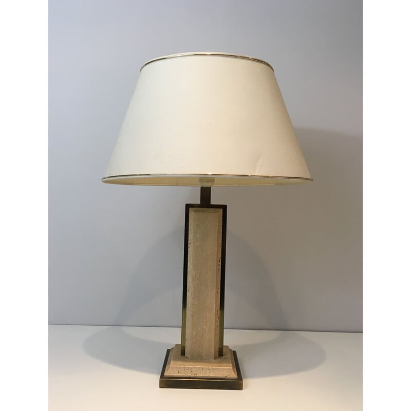 Vintage lamp van travertijn en verguld chroom, Frankrijk 1970