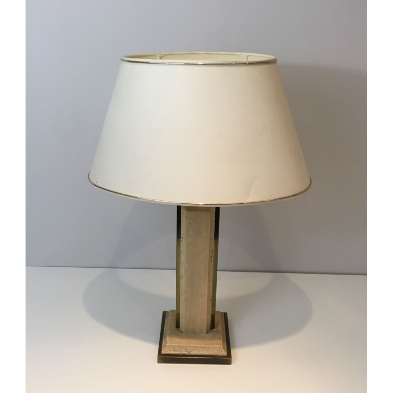 Vintage lamp in travertine and golden chrome, France 1970