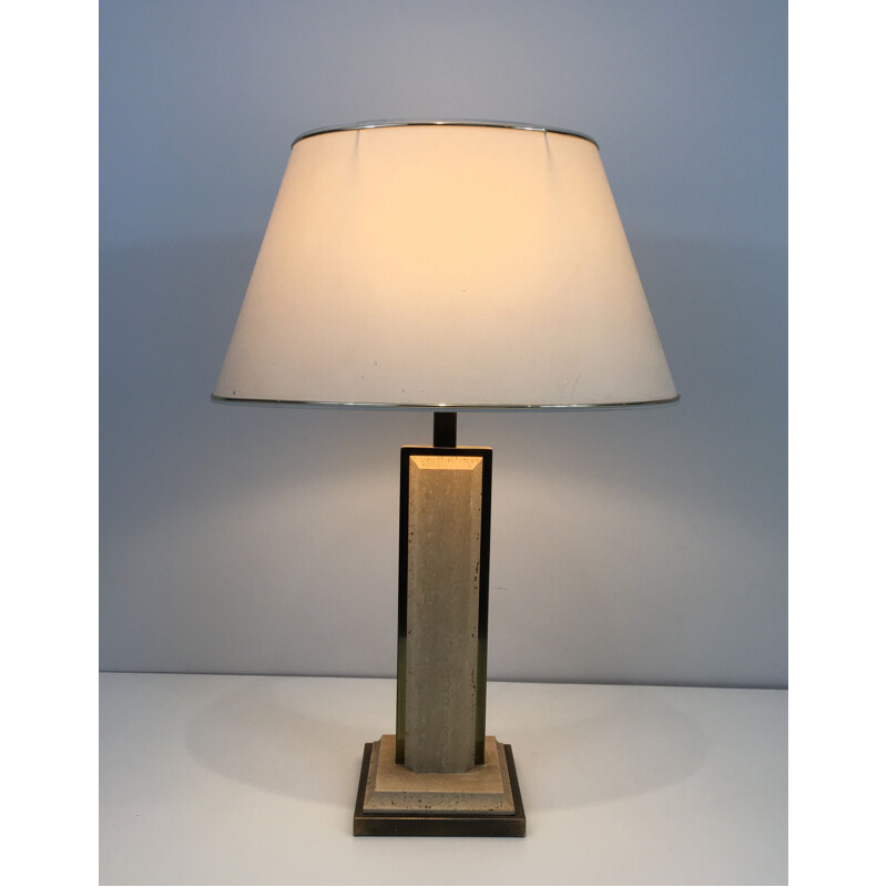 Vintage lamp in travertine and golden chrome, France 1970