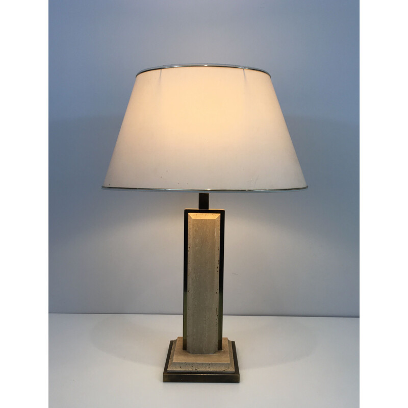 Vintage lamp in travertine and golden chrome, France 1970