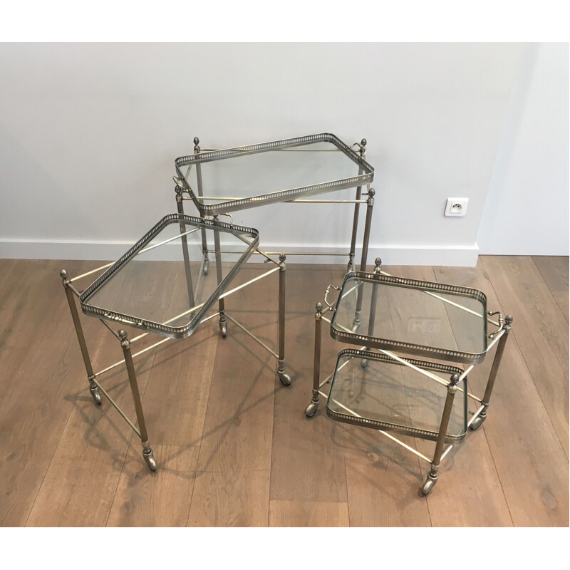 Suite of 3 Vintage French 1970 Nesting Tables on Wheels