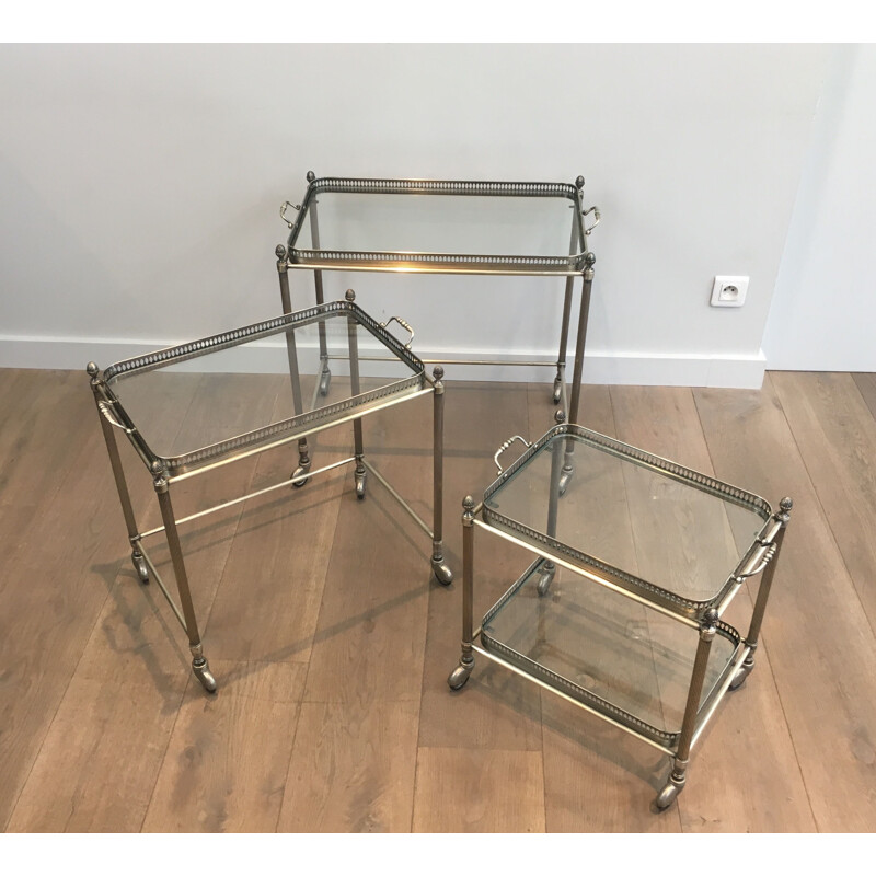Suite of 3 Vintage French 1970 Nesting Tables on Wheels