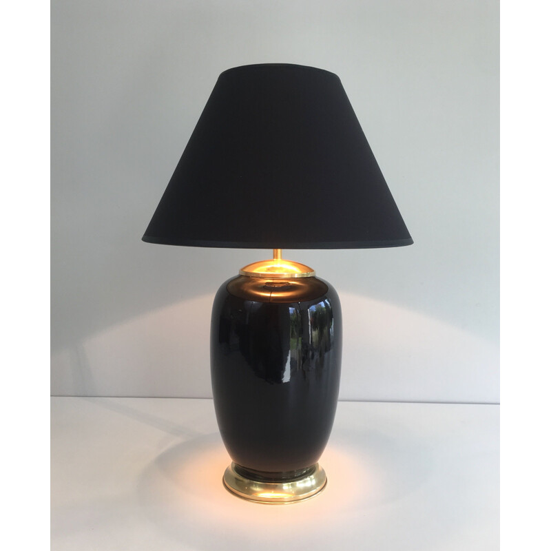 Vintage black lacquered porcelain and brass lamp, France 1970