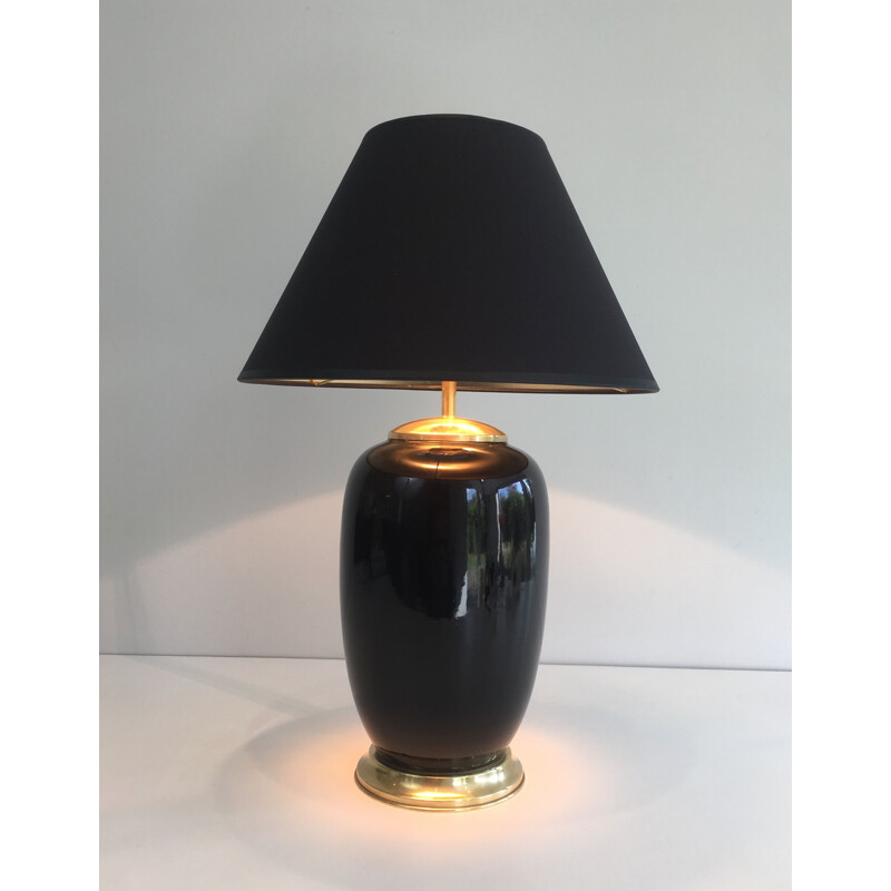 Vintage black lacquered porcelain and brass lamp, France 1970