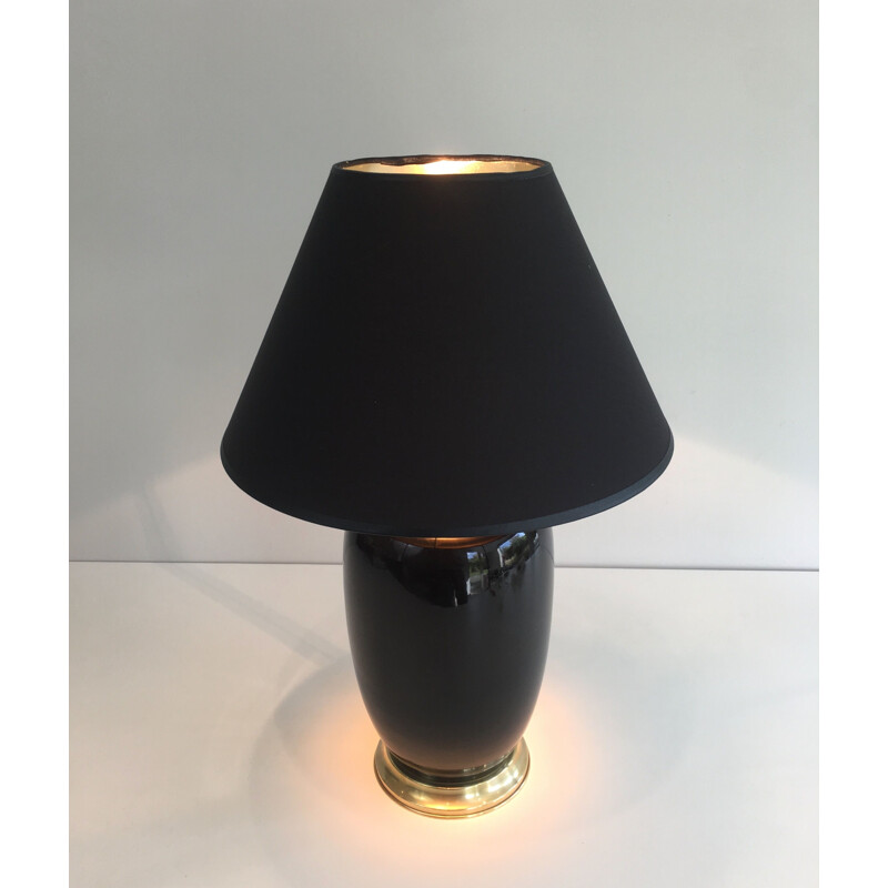 Vintage black lacquered porcelain and brass lamp, France 1970