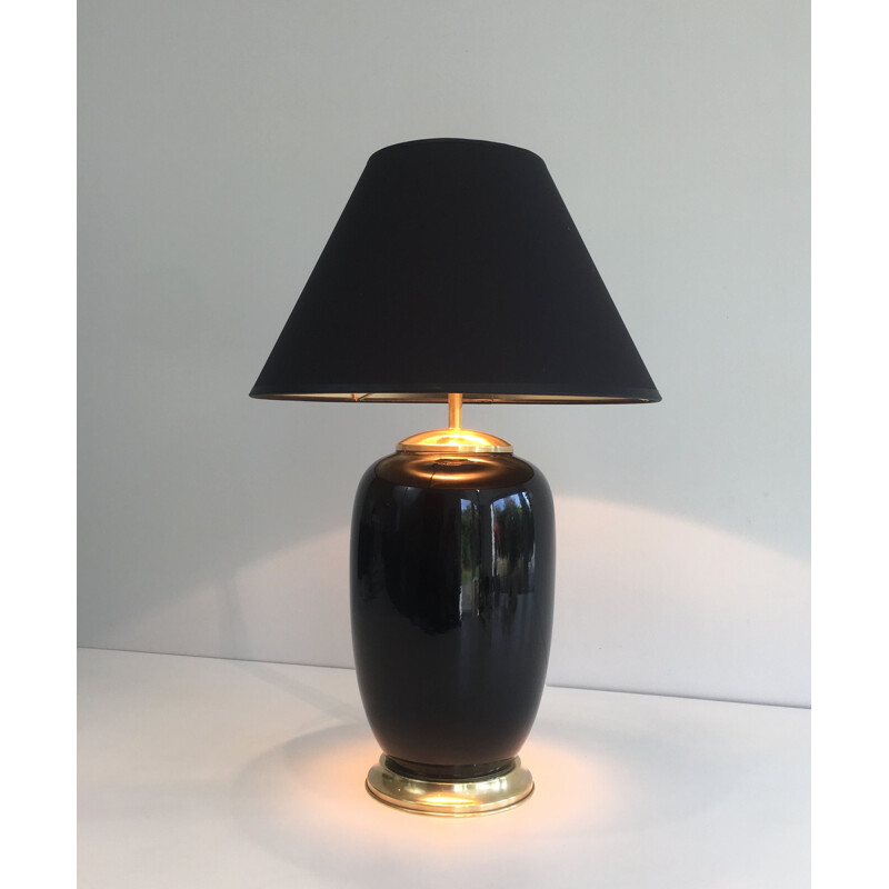 Vintage black lacquered porcelain and brass lamp, France 1970