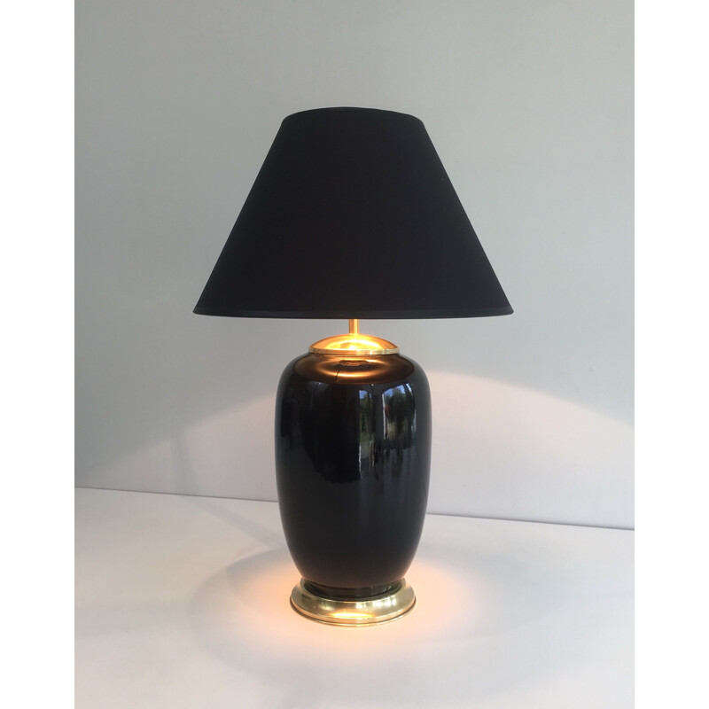 Lampe en porcelaine vintage laquée noire et laiton, France 1970