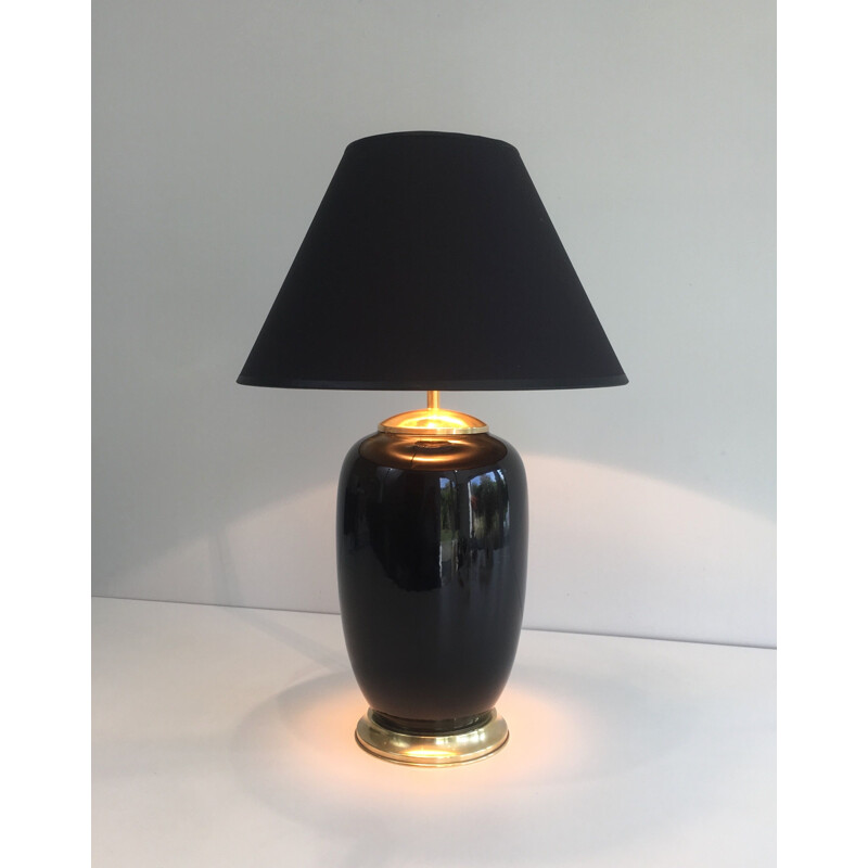 Vintage black lacquered porcelain and brass lamp, France 1970