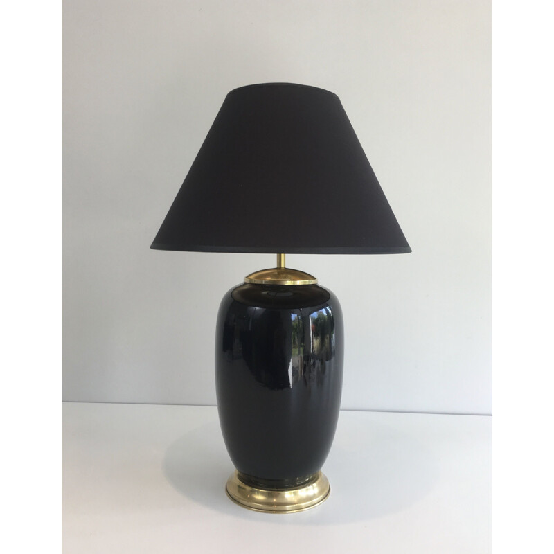 Vintage black lacquered porcelain and brass lamp, France 1970