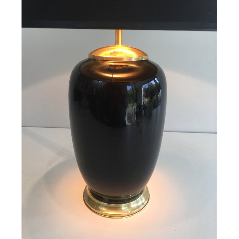 Vintage black lacquered porcelain and brass lamp, France 1970