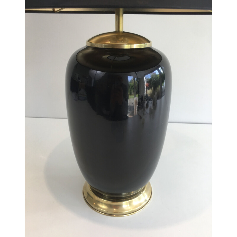 Vintage black lacquered porcelain and brass lamp, France 1970