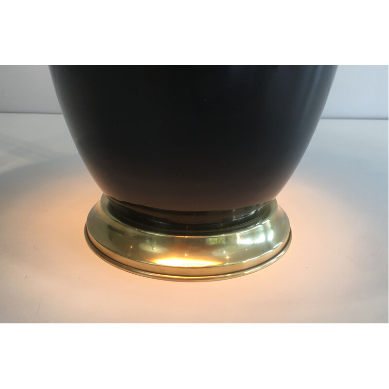 Vintage black lacquered porcelain and brass lamp, France 1970