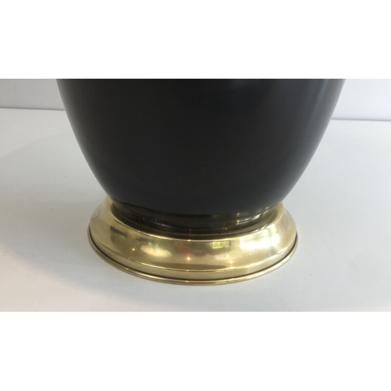 Vintage black lacquered porcelain and brass lamp, France 1970