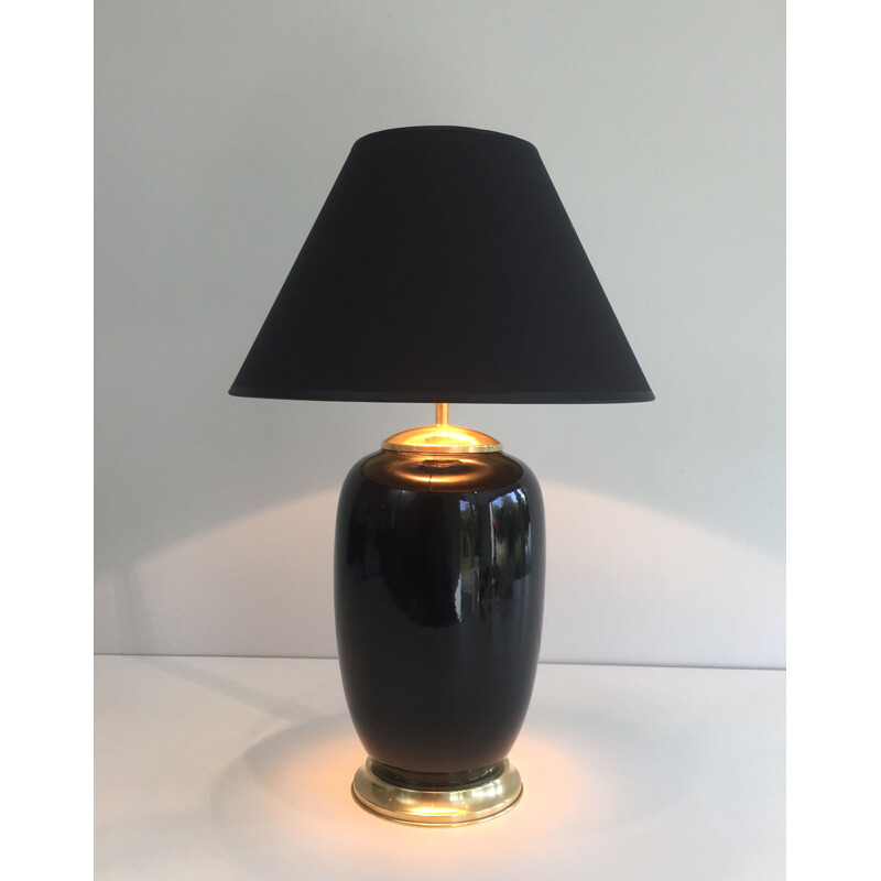 Vintage black lacquered porcelain and brass lamp, France 1970