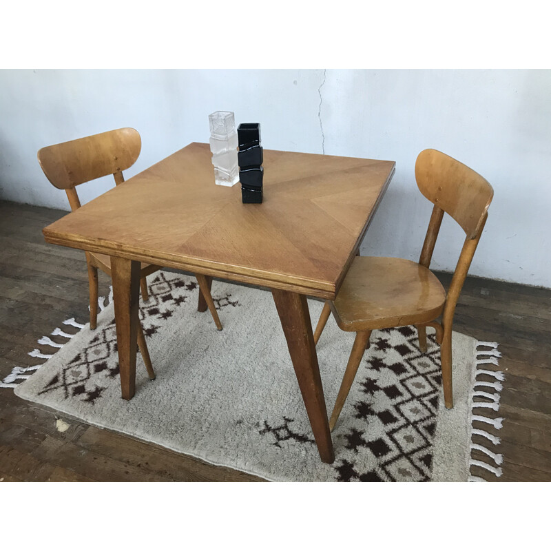 Vintage table with light oak compass legs 1950