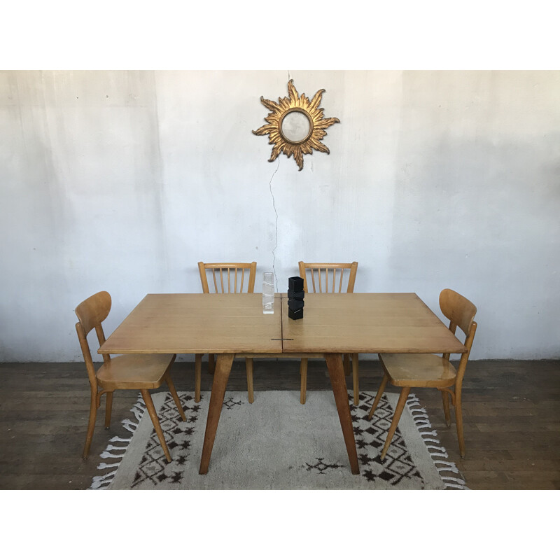 Vintage table with light oak compass legs 1950