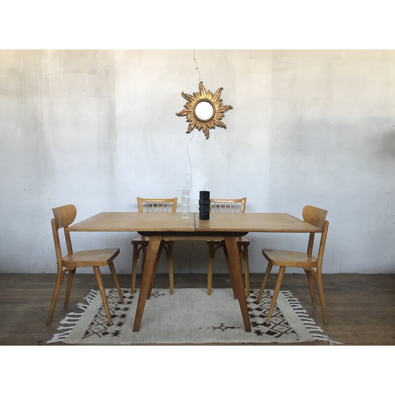 Vintage table with light oak compass legs 1950