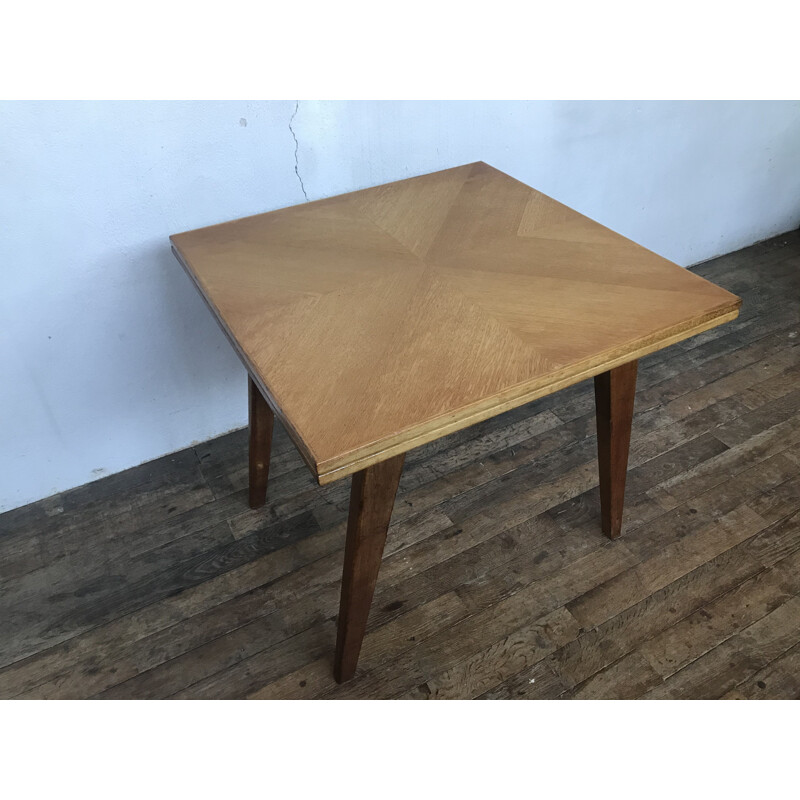 Table vintage pieds compas en chêne clair modulable 1950