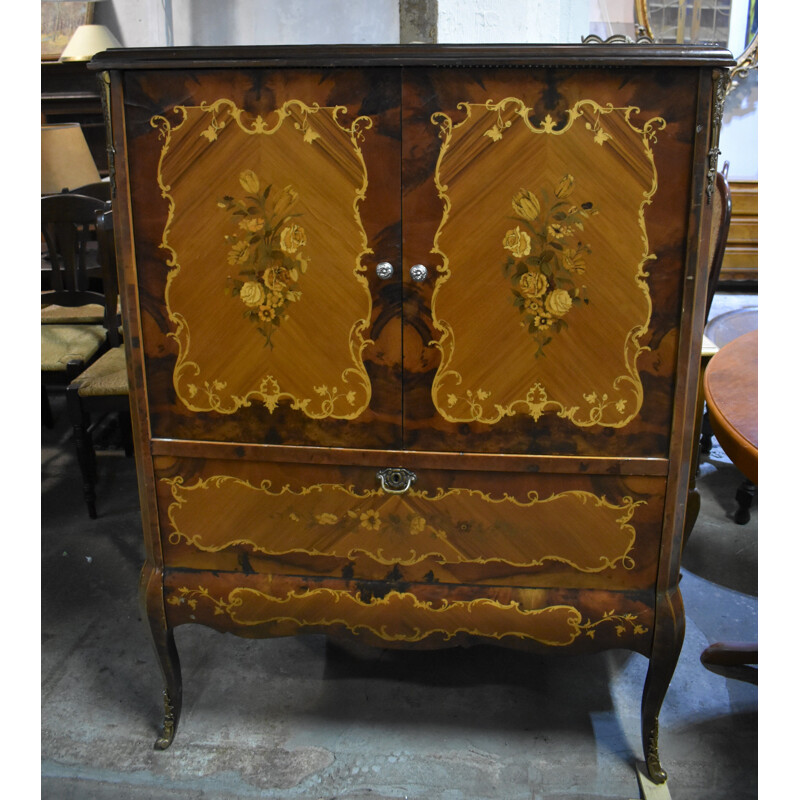 Vintage Wooden TV cabinet covered with floral marquetry