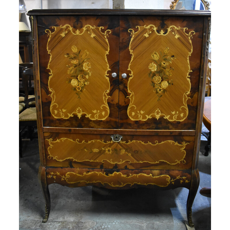 Vintage Wooden TV cabinet covered with floral marquetry