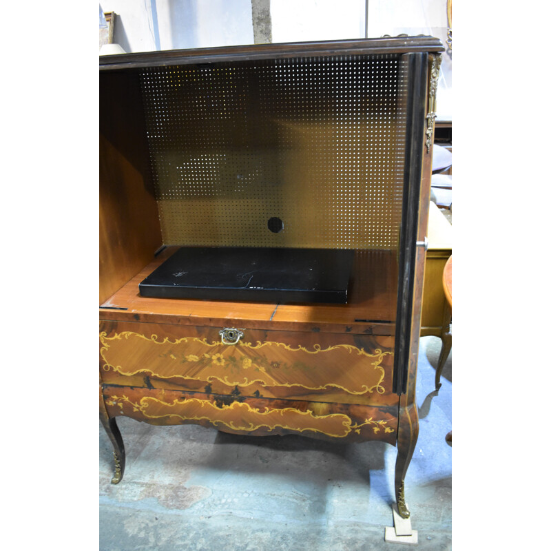 Vintage Wooden TV cabinet covered with floral marquetry