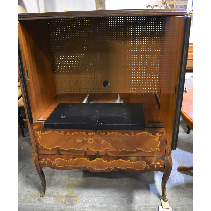 Vintage Wooden TV cabinet covered with floral marquetry